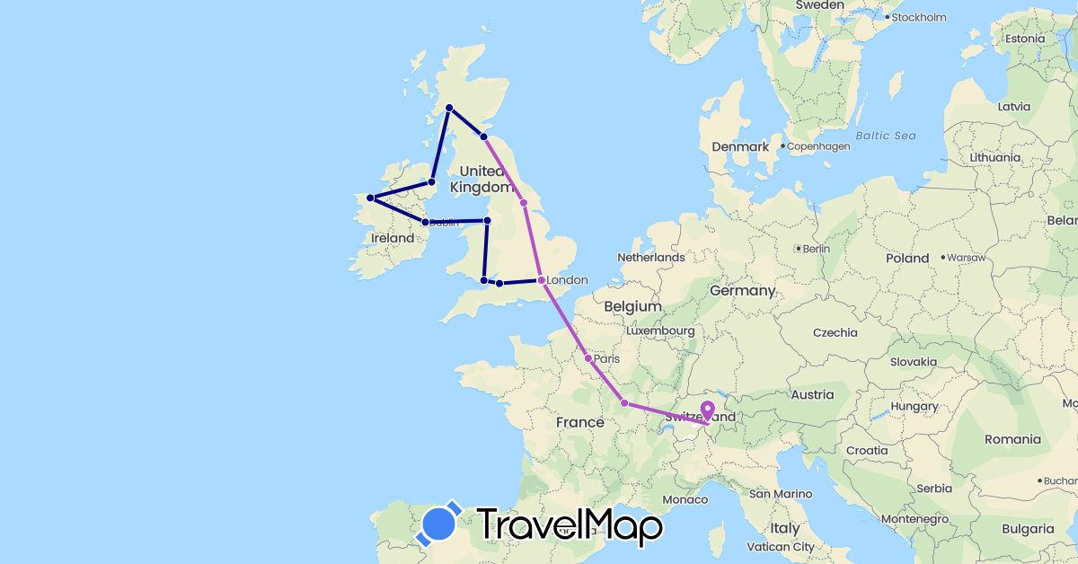 TravelMap itinerary: driving, train in Switzerland, France, United Kingdom, Ireland (Europe)